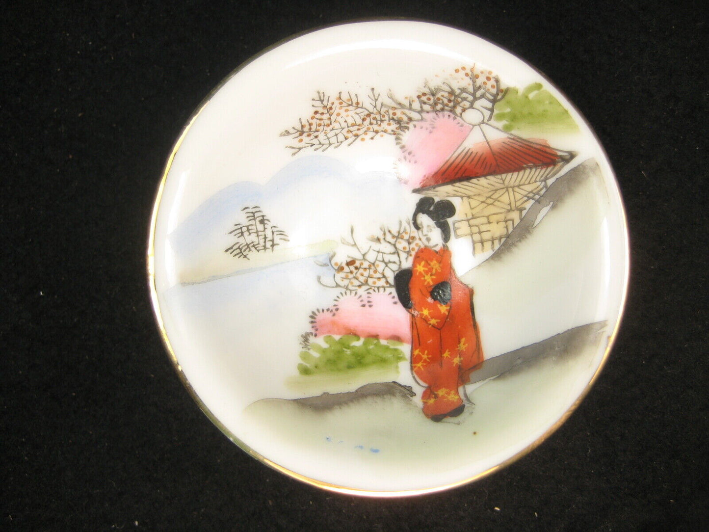 Antique Japanese C. 1925 Hand Painted Ceramic Sakazuki Sake Cup Kimono Geisha