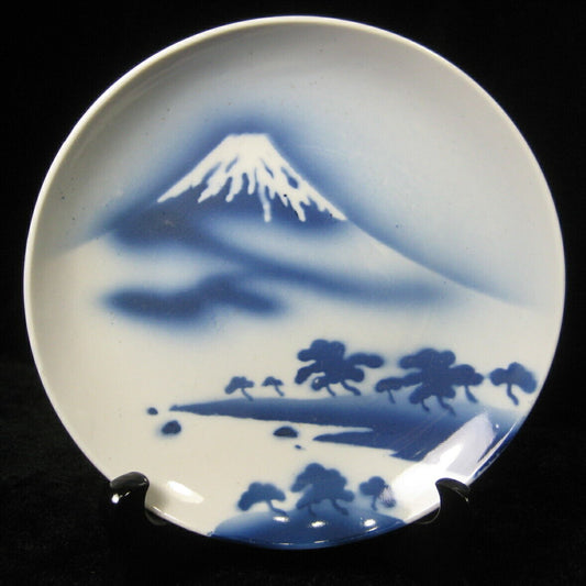 Antique Japanese Ceramic Hand Painted 7" Dish W/ Mt Fuji & Pine Trees
