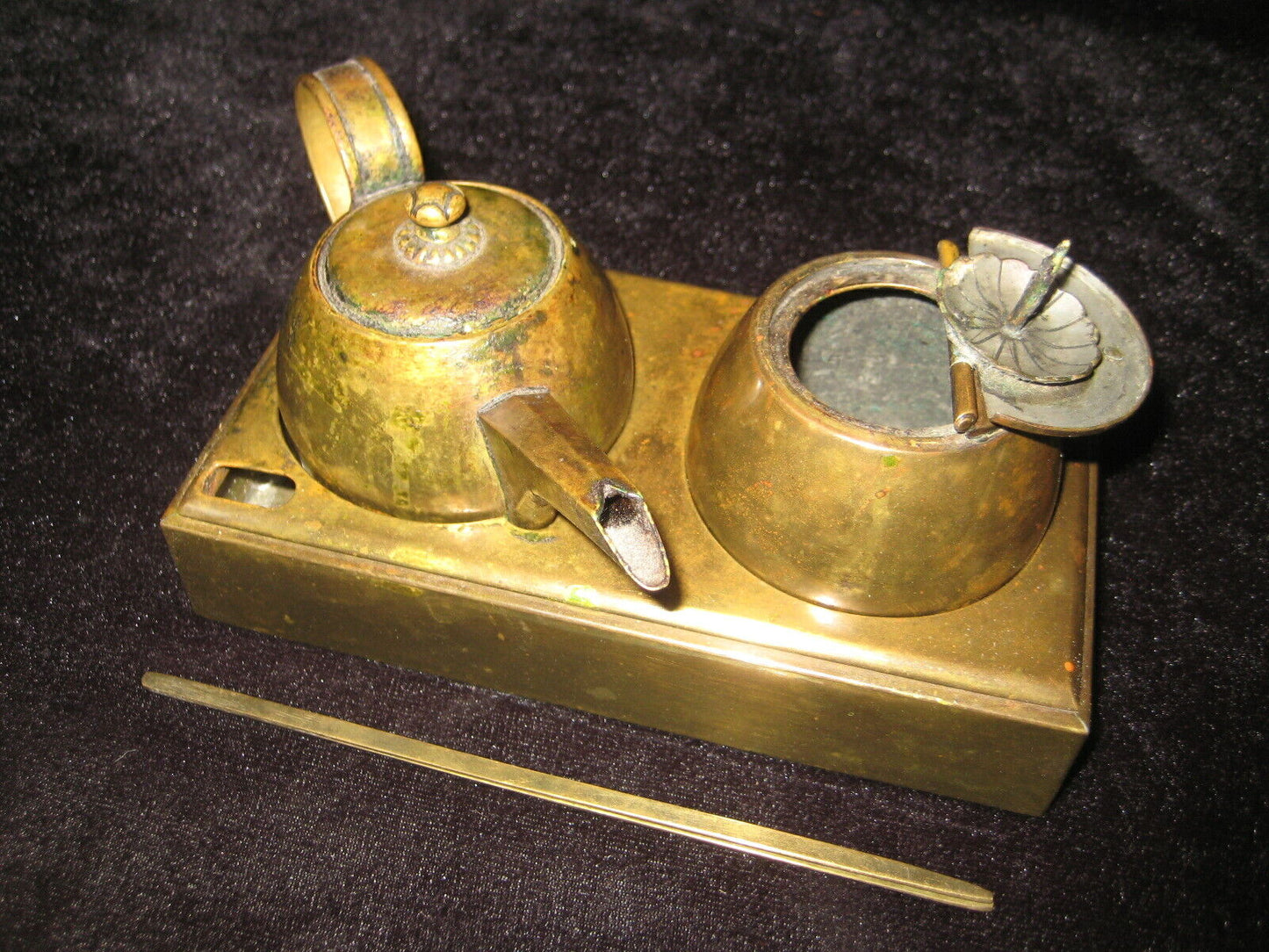 Antique Japanese Edo/Meiji Era 1800'S Bronze Oil Lamp & Oil Pot W/ Warming Tray