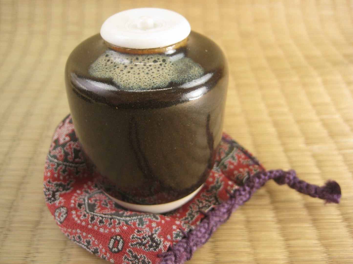 Japanese Cha-Ire Ceramic Tea Caddy Katatsuki Flask W/Shifuku Bag Chanoyu