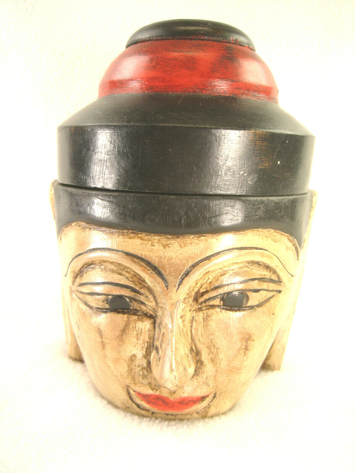 Hand Carved Thai Buddhist Head Box Round Hand Painted Lided