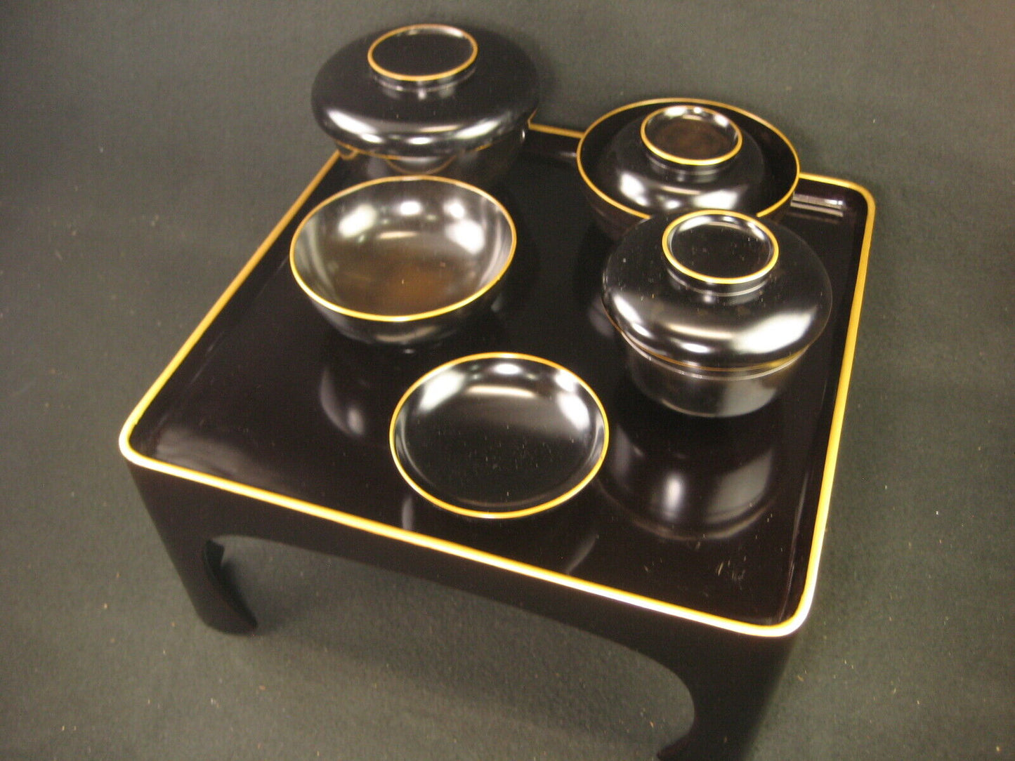 Antique Japanese Meiji Wood & Lacquer Set of 9 Obon Ozen Serving Tray & Bowls