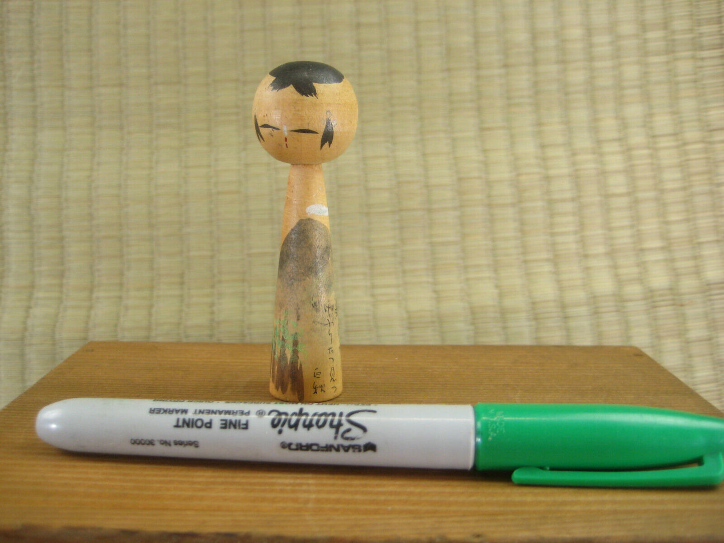 Vintage Japanese Kokeshi Small WoodenDoll Forest Mountains & Calligraphy 3"