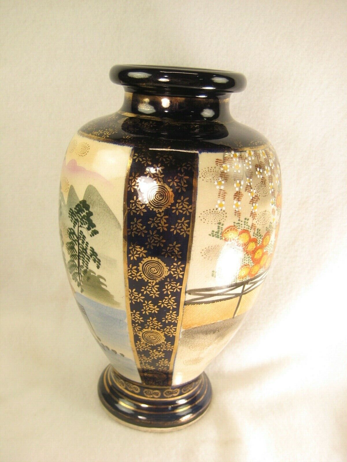 Antique Japanese Signed Ceramic Satsuma Flower Vase Scenic Kimono Geisha