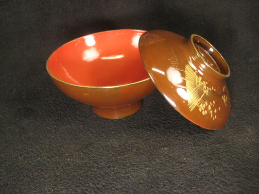 Antique Japanese Meiji Era (C.1880) Lacquer Wooden Lidded Soup / Rice Bowl Makie