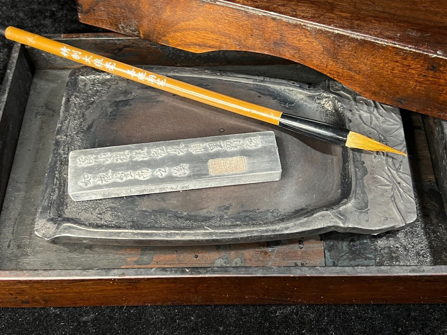 Antique Japanese Suzuri Ink Stone W/ Presentation Box Brush & Sumi Ink Stick