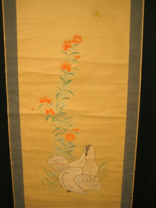 Antique Japanese Meiji Era Scroll Hand Painted Dove With Flower & Butterfly 48"