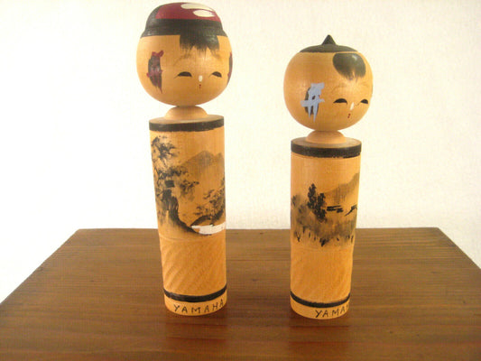 Vintage Japanese Kokeshi Pair Wooden Bobblhead Doll Hand Painted Trees 3"