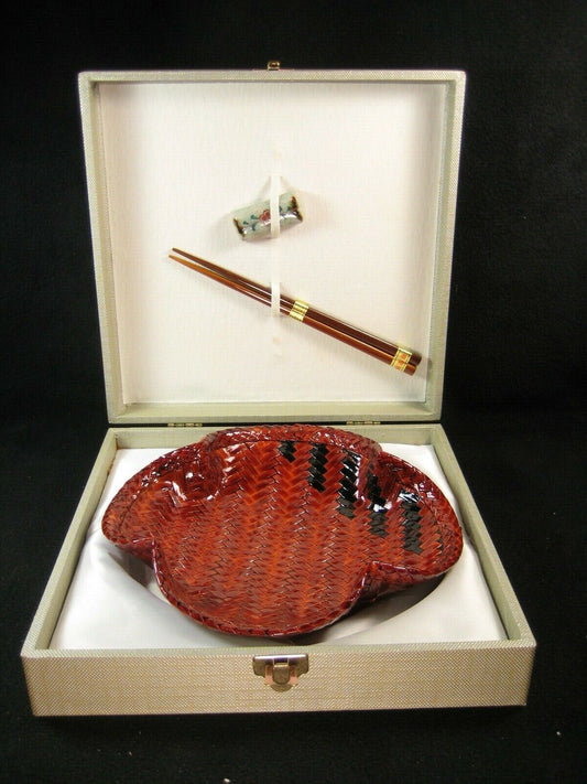 Vintage Japanese (C. 1960) Hand Made Lacquered Bamboo Dish Serving Set W/ Box