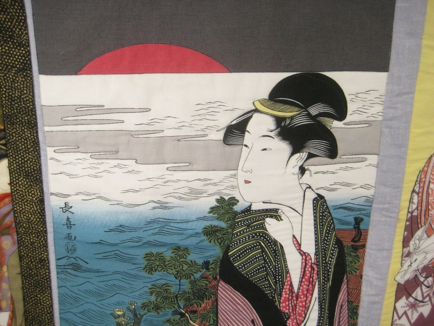 Vintage Japanese Signed Printed Cotton Stitched Quilt Geisha Design 28 X 30"