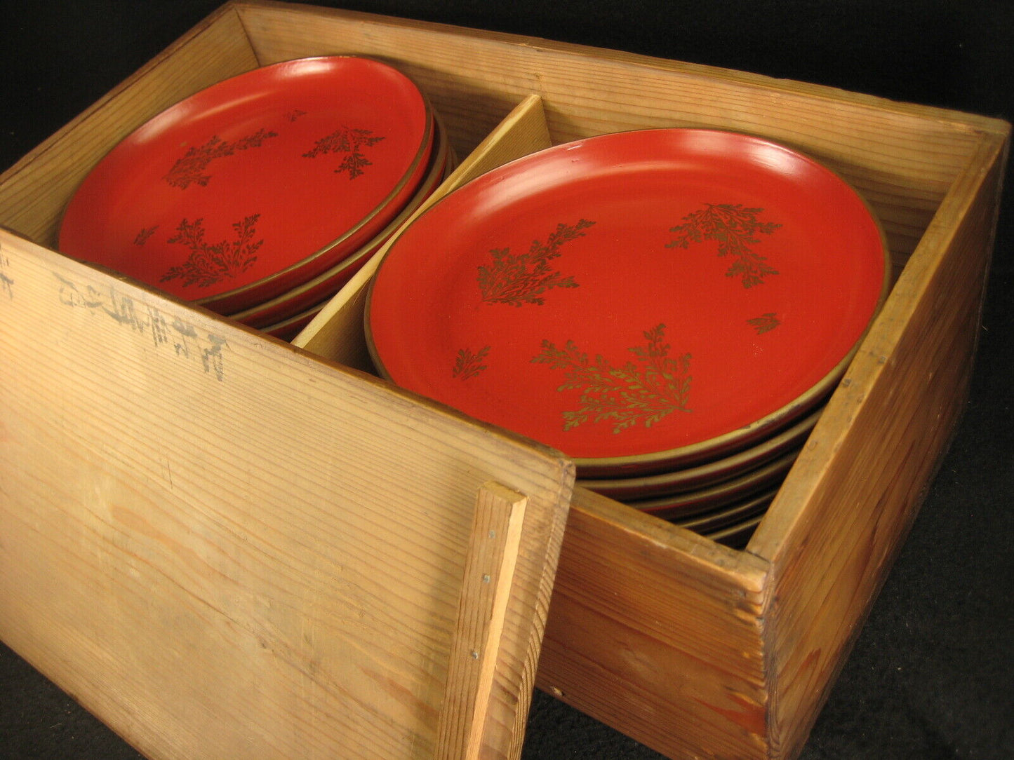 Antique (c. 1890) Japanese Kashizara Dish Plate Wood Red Lacquer Makie 7"