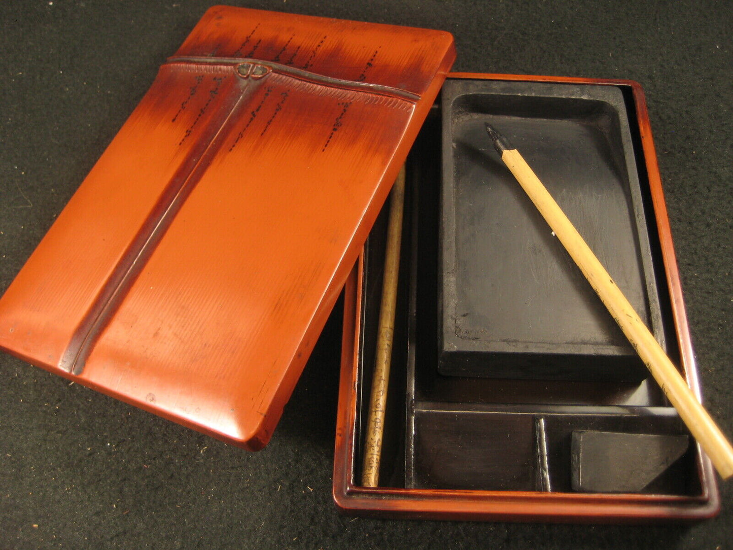 Antique Japanese Hand Made  Suzuribako Calligraphy Box Raised Bamboo Design