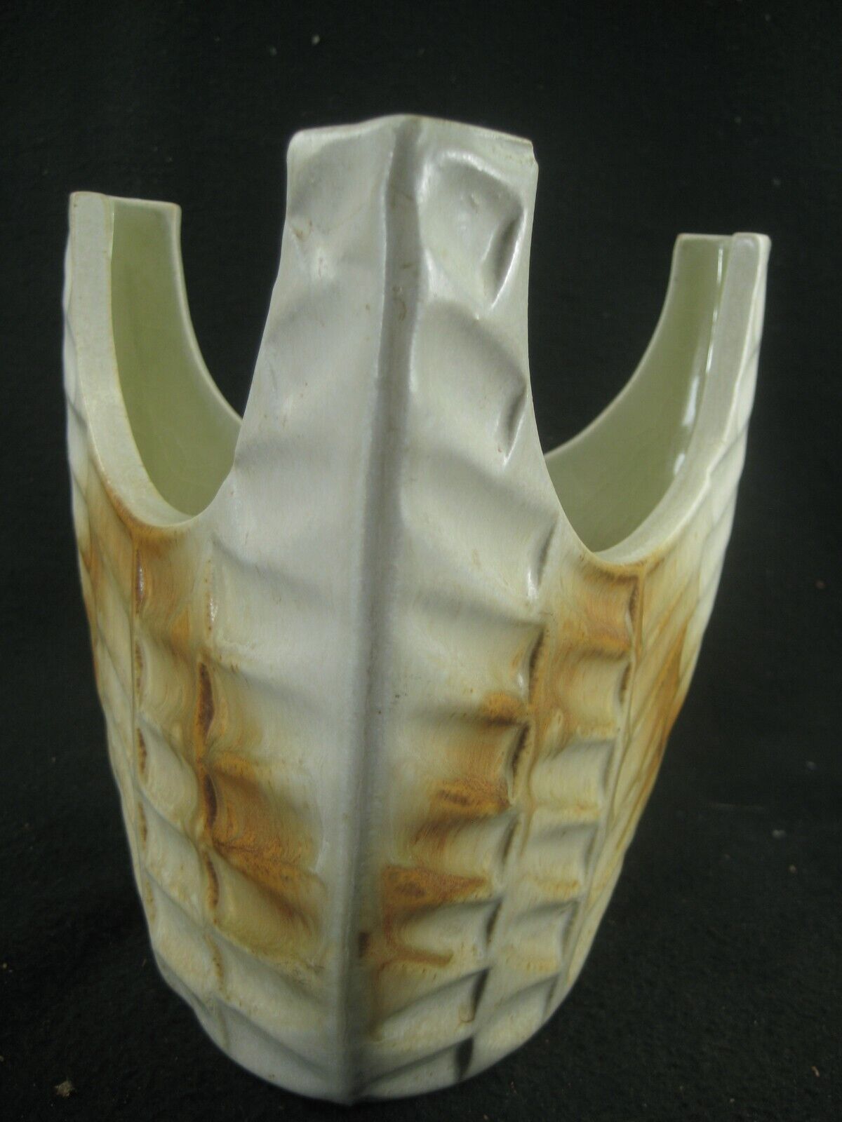 Japanese Ceramic 3 Sided Ikebana Vase W/ Raised Corners Cream & Brown 9"
