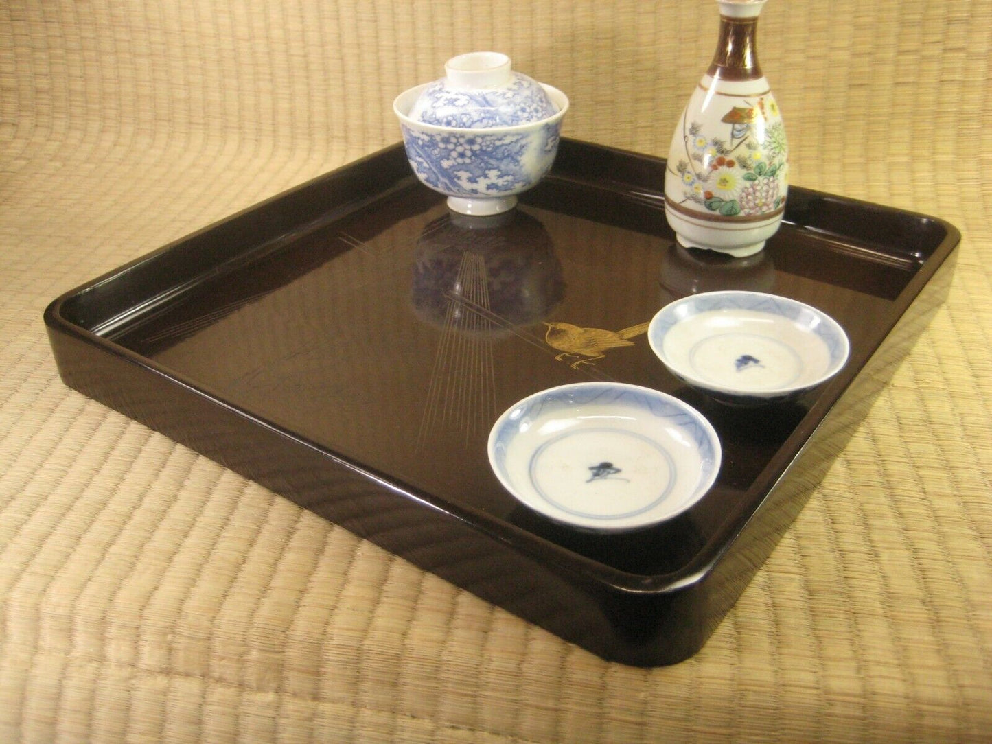 Antique Japanese Meiji Era 120 Yr Old Wood & Lacquer Obon Ozen Tray Wren & Peony