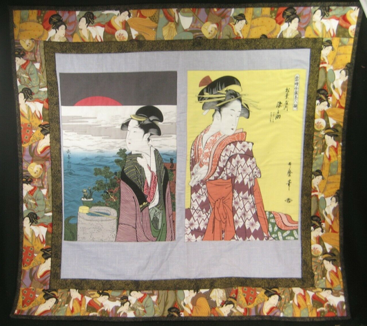 Vintage Japanese Signed Printed Cotton Stitched Quilt Geisha Design 28 X 30"