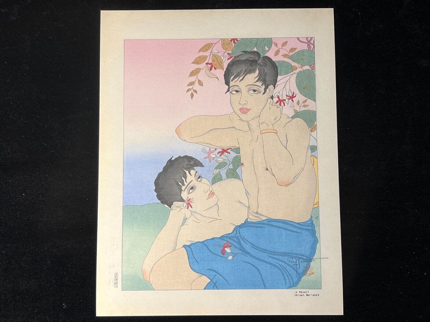 Paul Jacoulet Giclee Woodblock Print "Le Reveil" Saipan 7.75"x10"