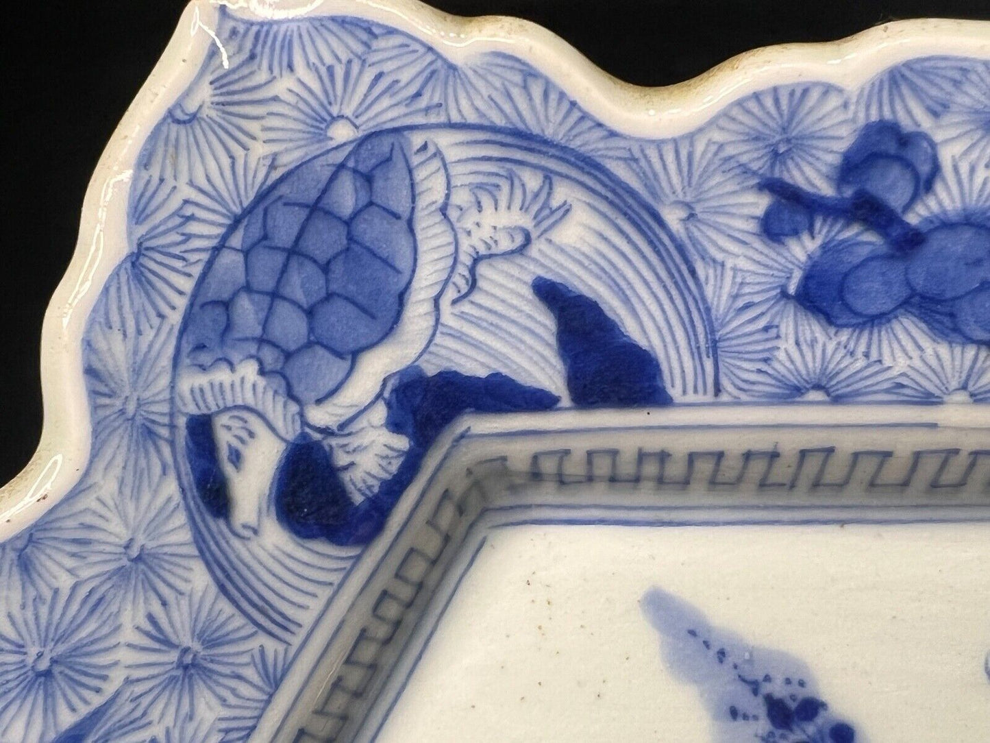Antique Japanese 1800'S Ceramic Imari Bowl Blue & White Crane Turtle Rabbit 11"