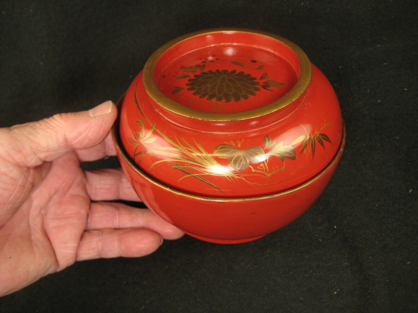 Antique Japanese Edo Era (C.1850) Lacquer Makie Wooden Lidded Soup / Rice Bowl