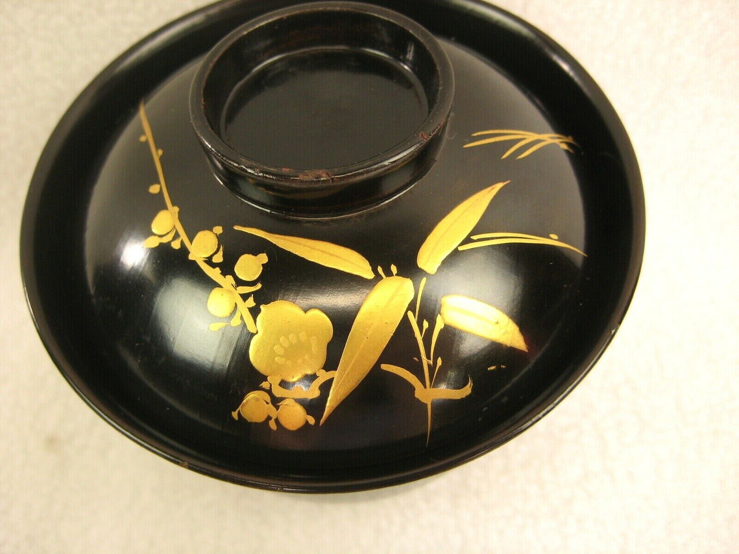 Antique Japanese Meiji Era (C.1900) Black Lacquer Lidded Soup Bowl Gold Makie