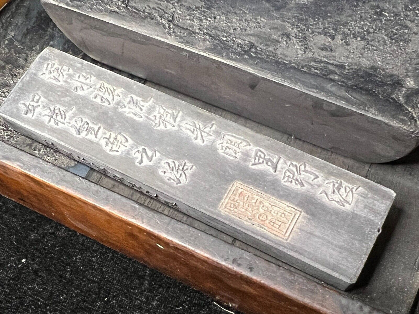 Antique Japanese Suzuri Ink Stone W/ Presentation Box Brush & Sumi Ink Stick