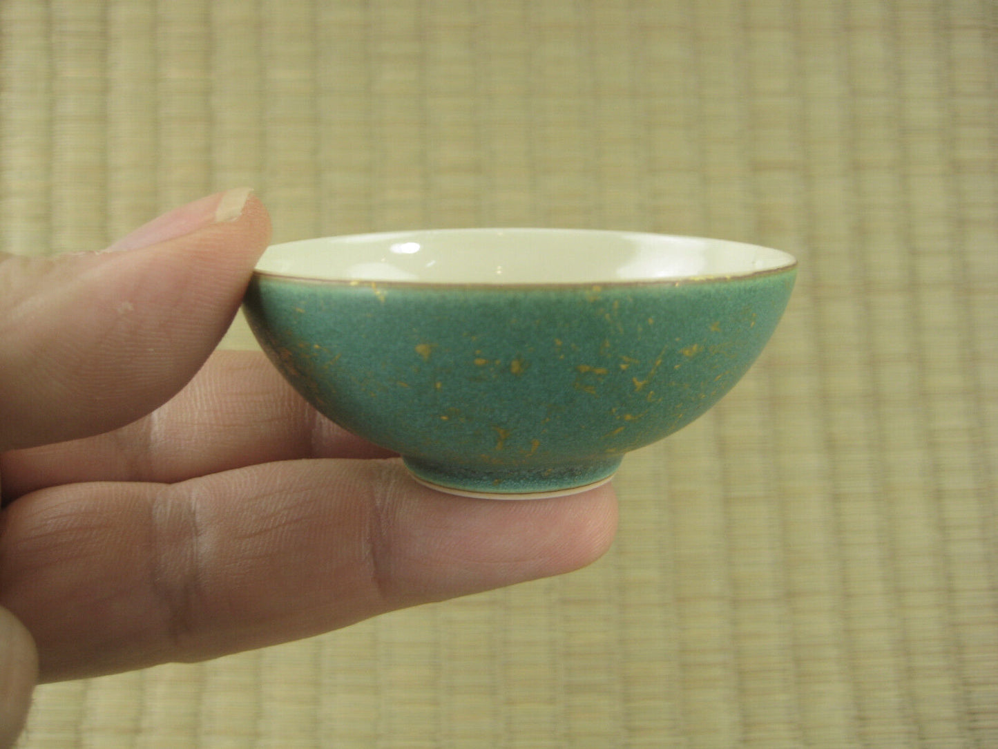 Antique Japanese Hand Painted Ceramic Sake Cup White, Green & Gold
