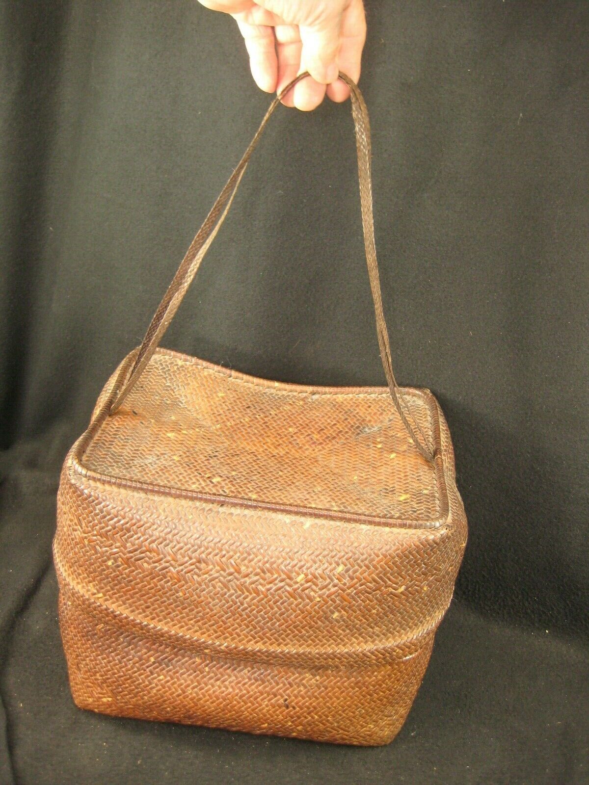 Antique Japanese  Chinese Showa Era (C. 1930) Bamboo Lidded Bag Kago Basket