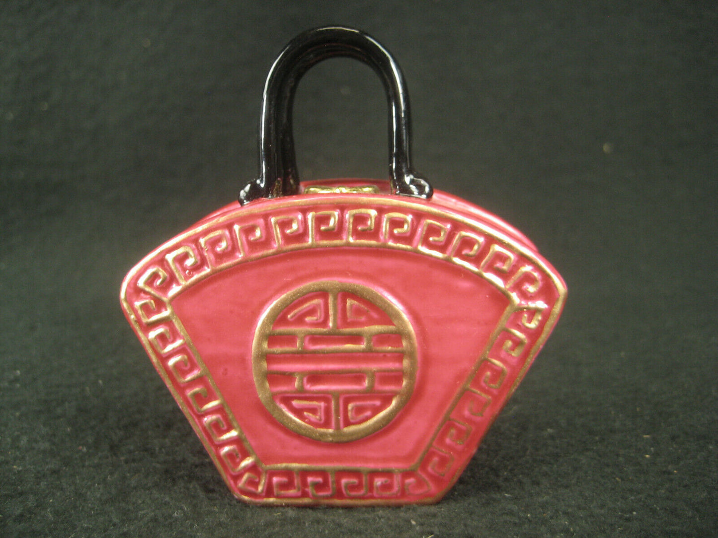 Chinese Ceramic Hinged Hand Bag PillBox Hand Painted Pink W/ Gold 3"