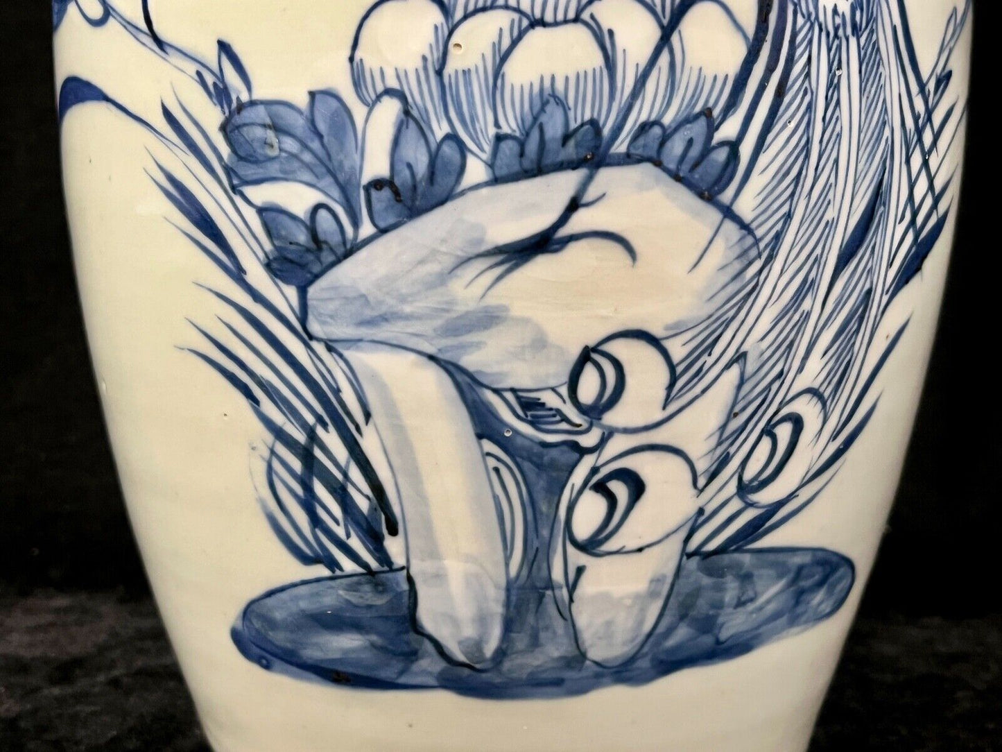 Antique Chinese Qing 19Th Century Blue & White Jar Hand Painted Phoenix 18"
