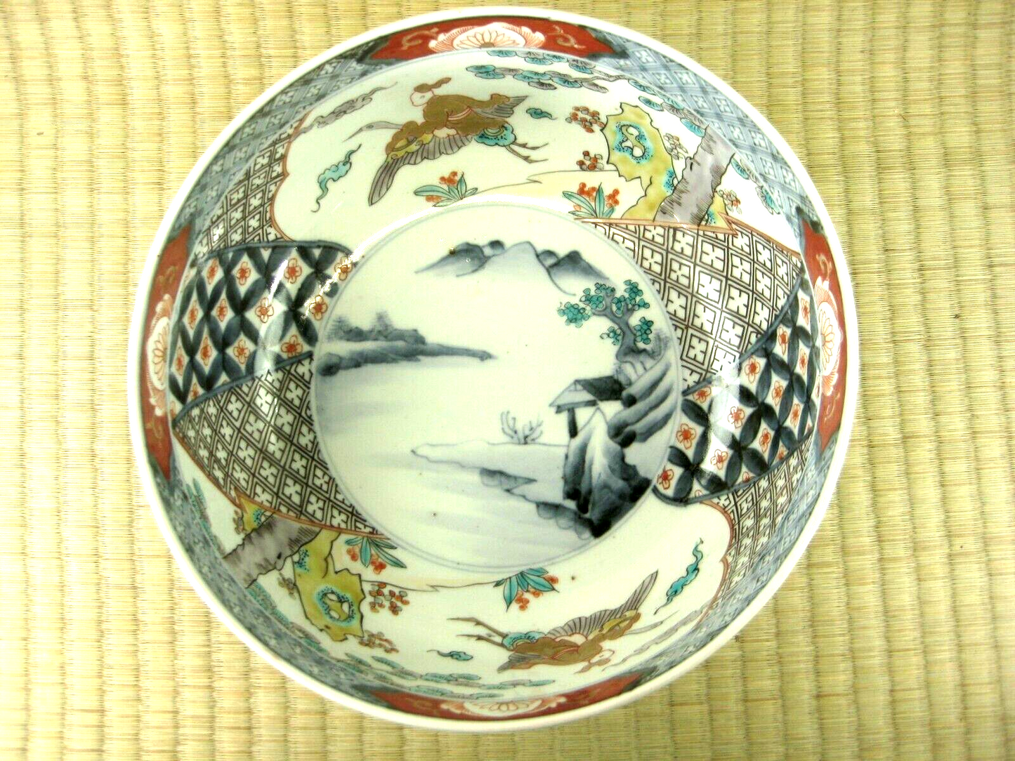 Antique Japanese Meiji 1800'S Imari Ceramic Bowl Fukurokuji Riding Crane 8.5"