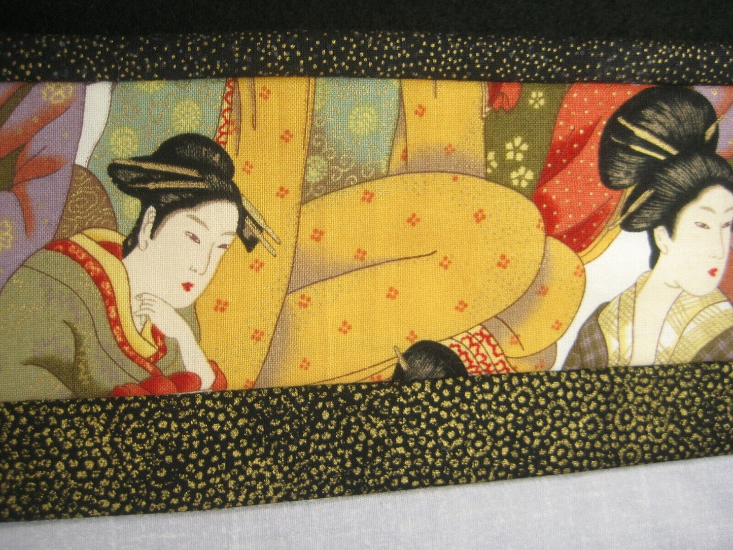 Vintage Japanese Signed Printed Cotton Stitched Quilt Geisha Design 28 X 30"