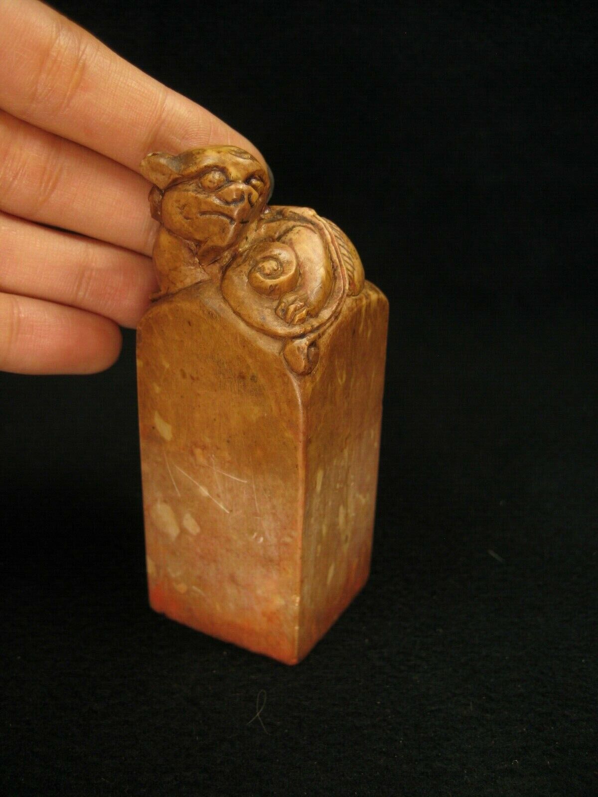 Antique Japanese Handcarved Inkan Marble Name Stamp With Shishi Foo Dog & Name