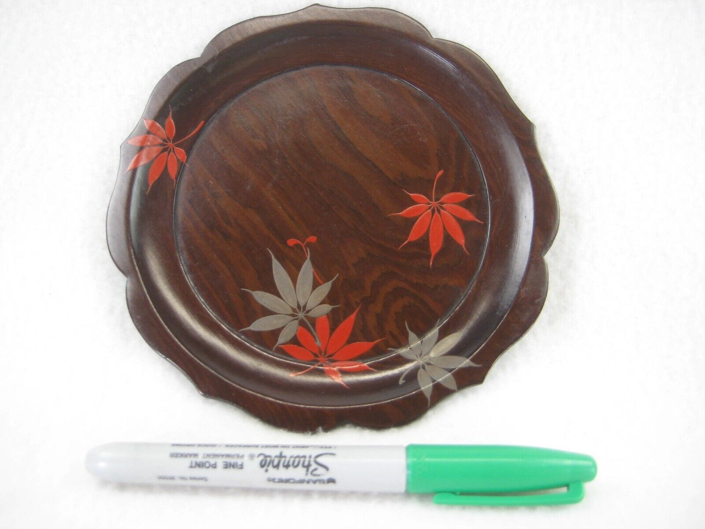 Antique Japanese Momo Lacquer Plate W/ Hand Painted Japanese Maple Leaves 6"
