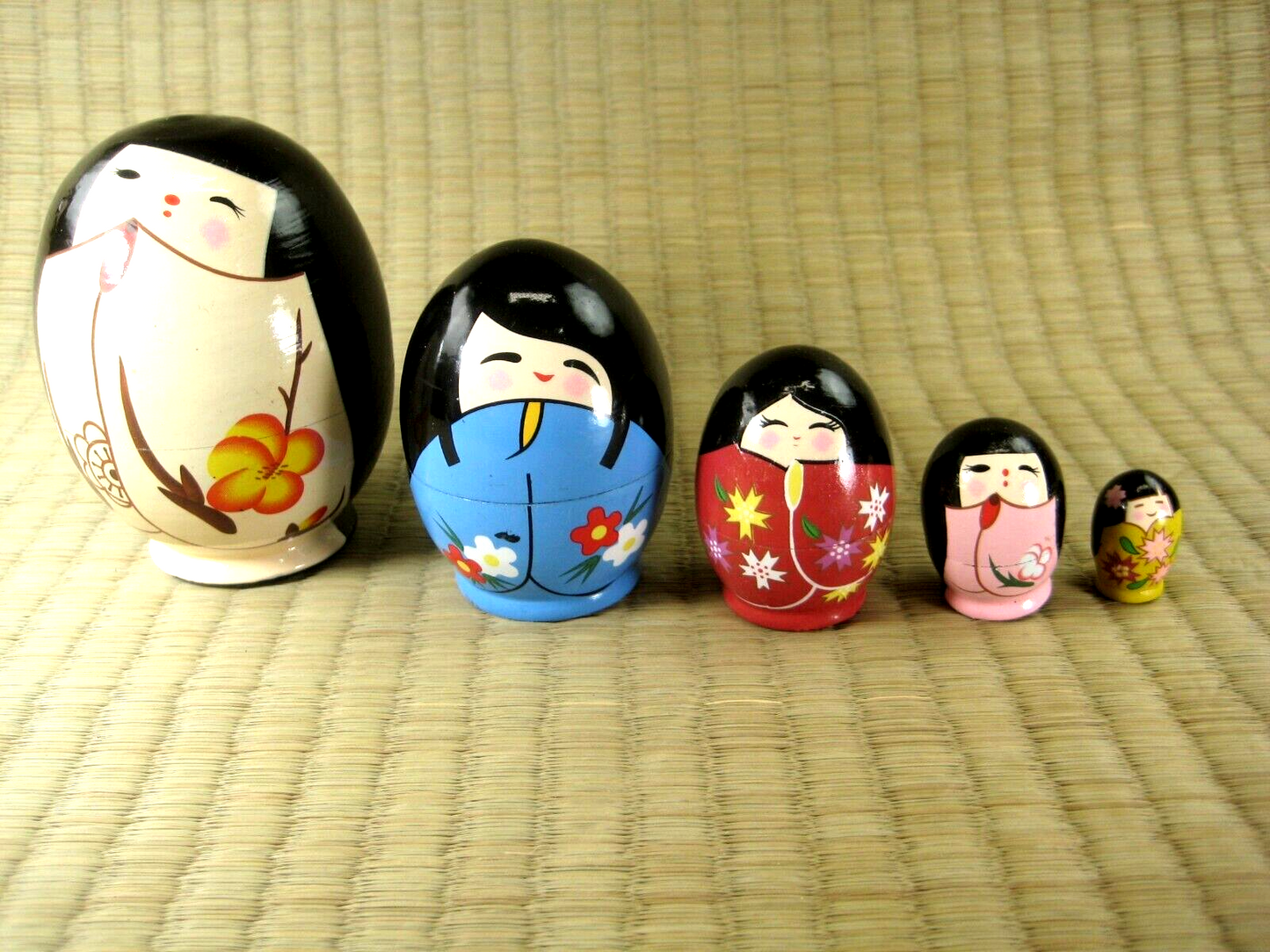 Set Of 5 Japanese Kokeshi Wooden Nesting Dolls In Floral Kimono Matryoshka 10"