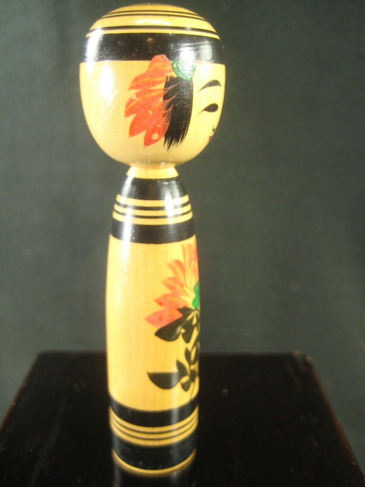 Vintage Japanese Kokeshi Wooden Doll W/ Hand Painted Red Lotus Signed 3.5"