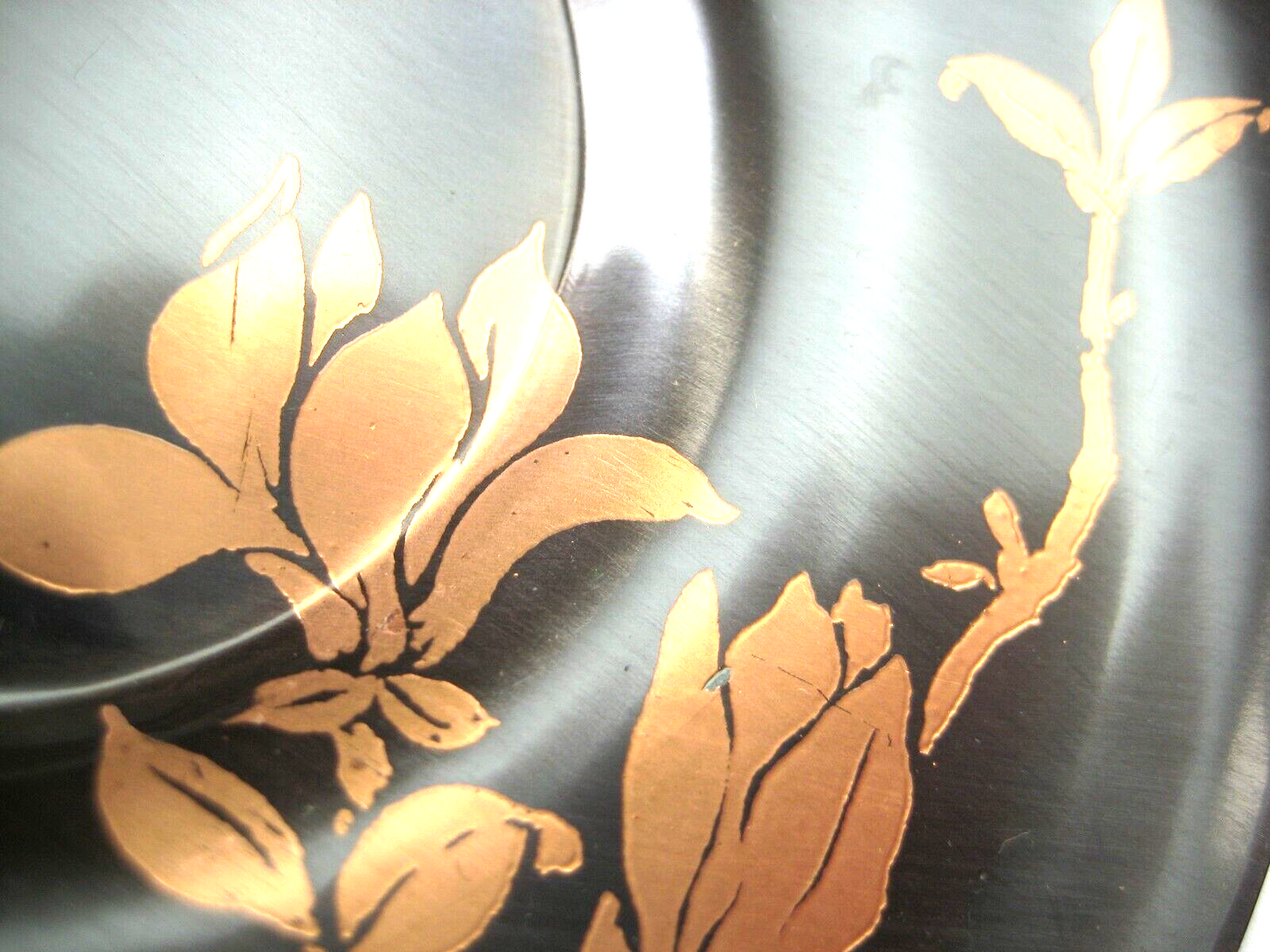 Vintage Japanese Hand Turned Bronze Chataku Tea Saucer Set W/Copper Flowers 4"