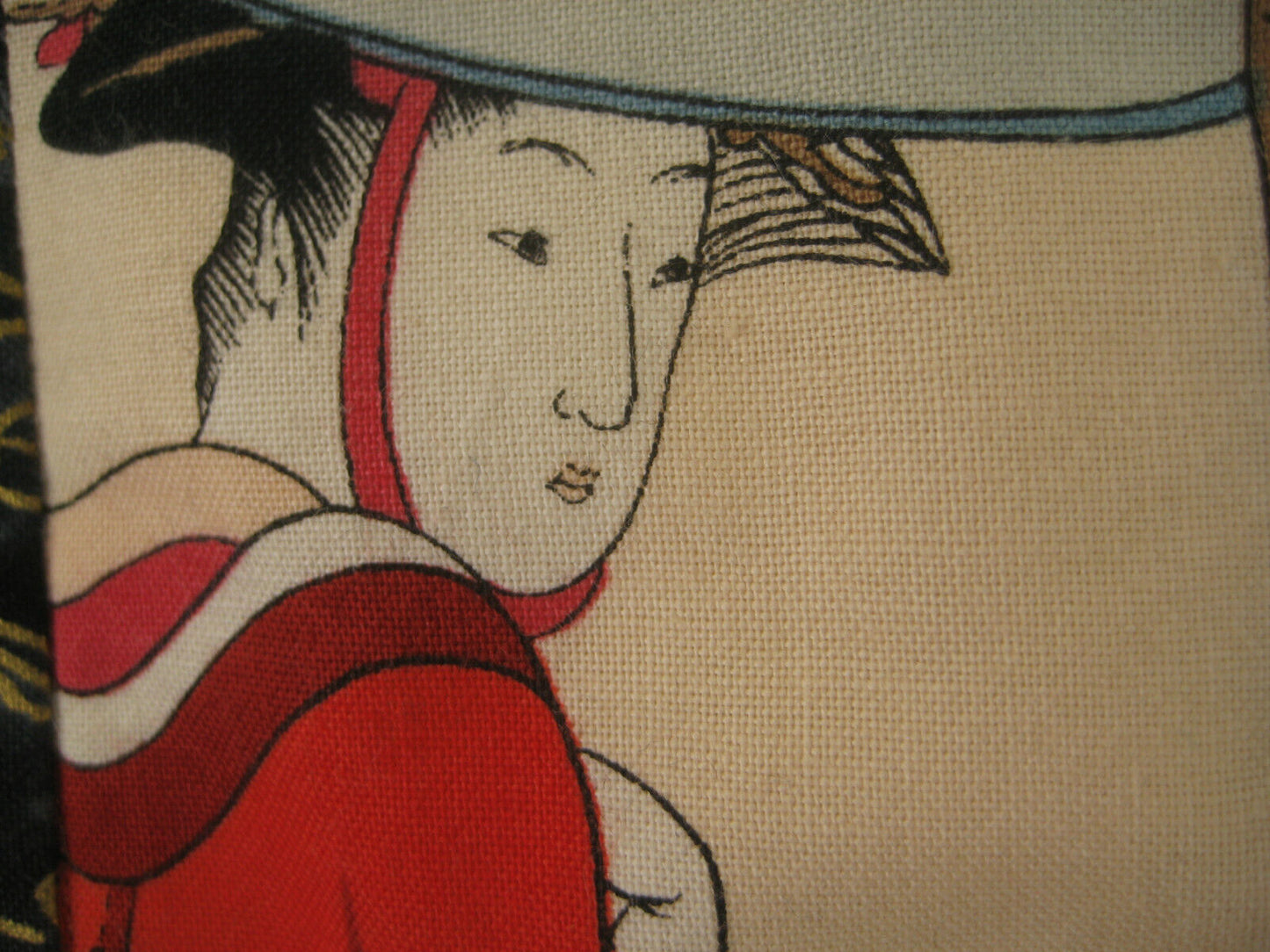 Vintage Japanese Signed Printed Cotton Stitched Quilt Geisha Design 23 X 18"