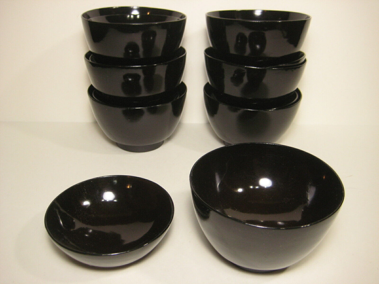 Antique Japanese Set Of 7 Meiji Era (C1880) High Sheen Black Lacquer Bowls