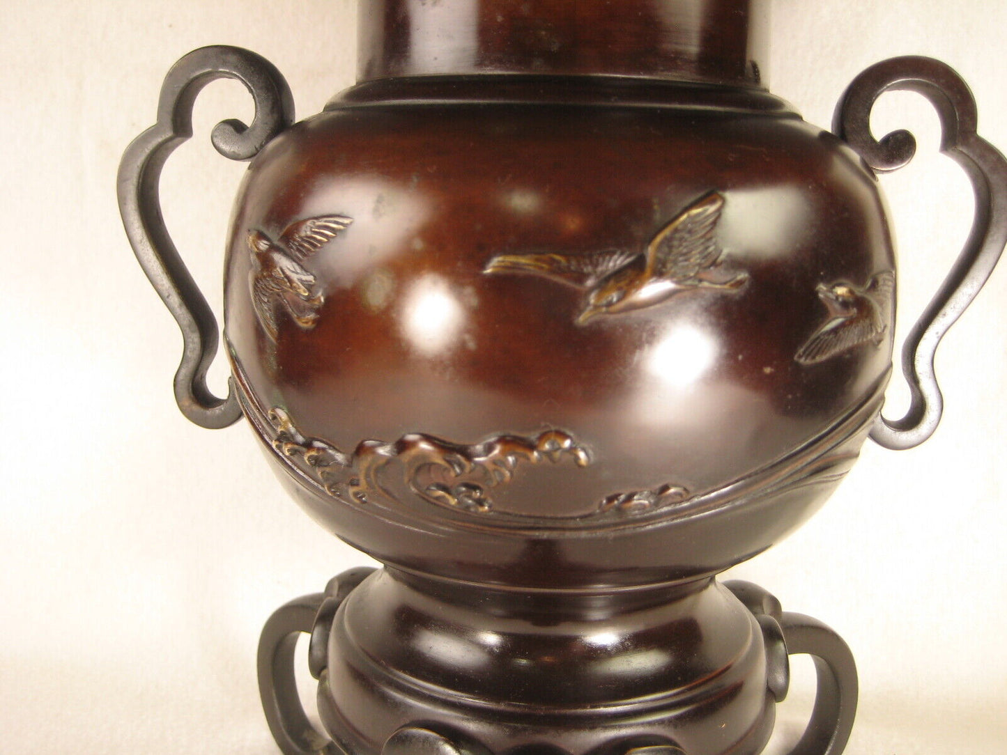 Antique Japanese Signed Usubata  Bronze Ikebana Flower Vase Plovers Over Waves