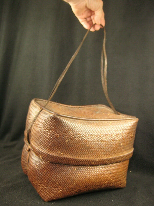 Antique Japanese  Chinese Showa Era (C. 1930) Bamboo Lidded Bag Kago Basket