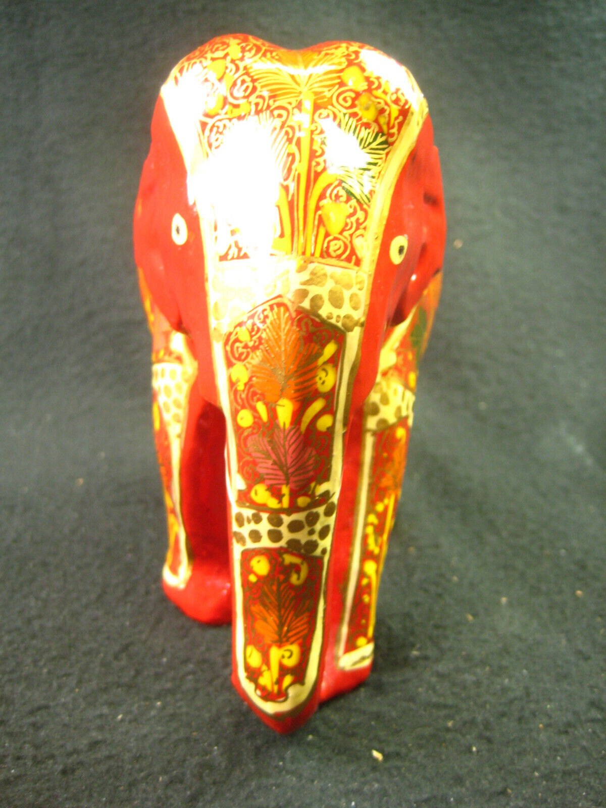 Red Elephant Figurine Leaf Pattern Gold White Pink Green Hand Painted 5" Tall