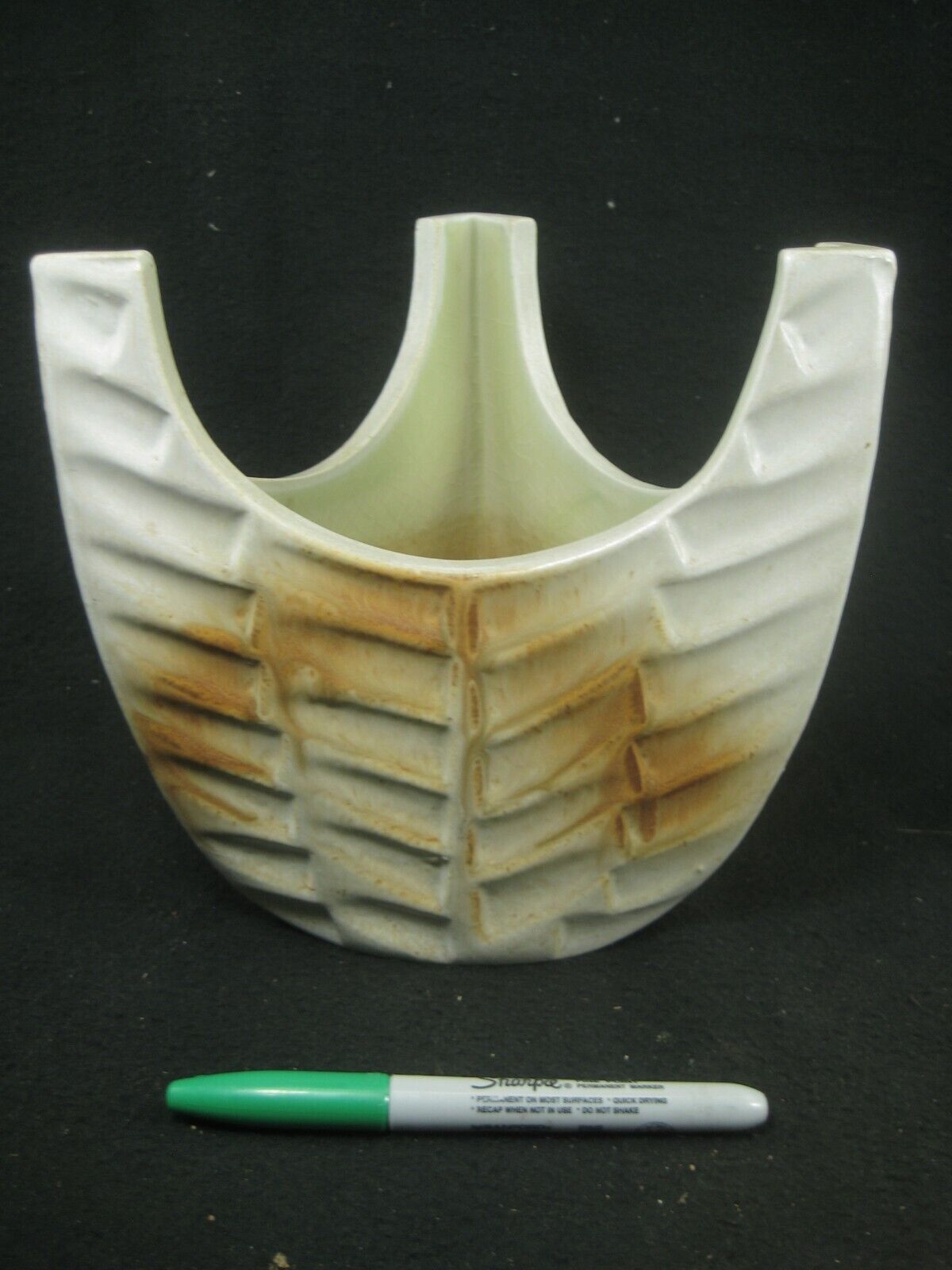 Japanese Ceramic 3 Sided Ikebana Vase W/ Raised Corners Cream & Brown 9"