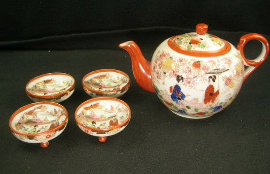 Antique Japanese (C 1920) Printed & Hand Painted Imari Ceramic Tea Pot & 4Cups