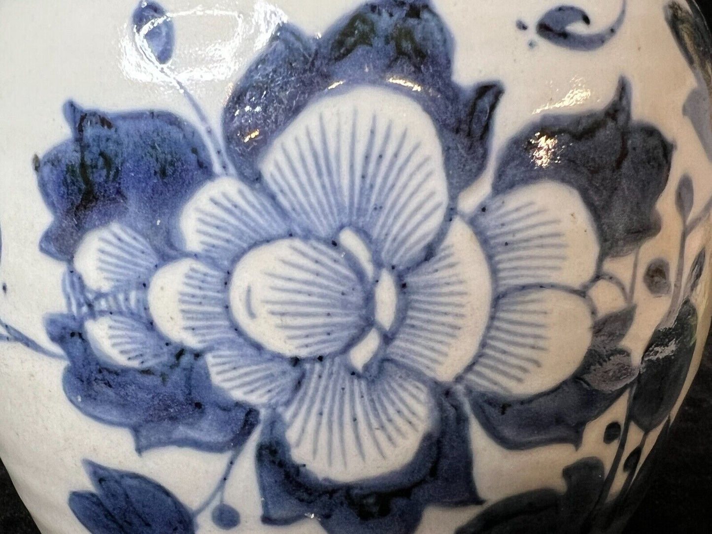 Antique Chinese Qing 19Th Century Cobalt Blue & White Jar Peonies 5.5"