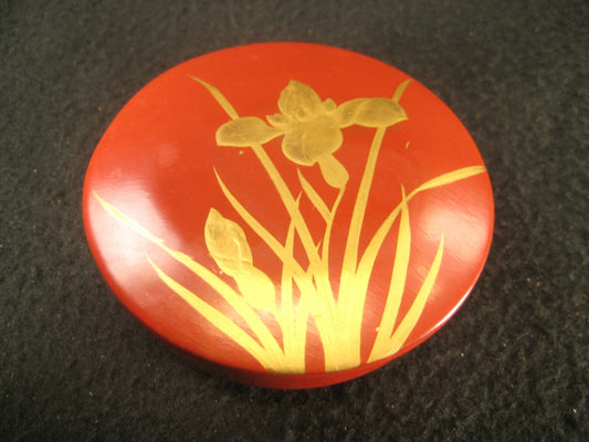 Vintage Japanese Round Red & Gold Makie Lacquer Lidded Box 3"