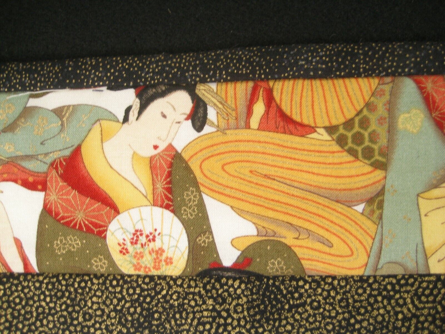 Vintage Japanese Signed Printed Cotton Stitched Quilt Geisha Design 28 X 30"