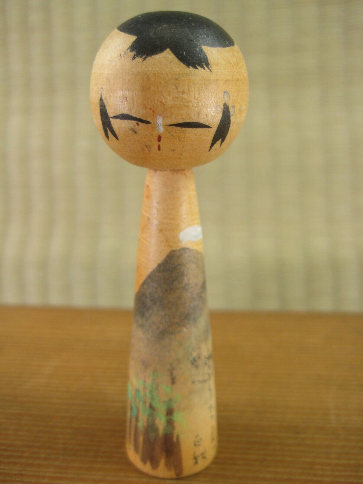 Vintage Japanese Kokeshi Small WoodenDoll Forest Mountains & Calligraphy 3"