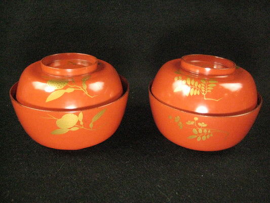 Antique Japanese Meiji Era (C1890) Pair Of Red Lacquer Bowls W/ Gold Flowers