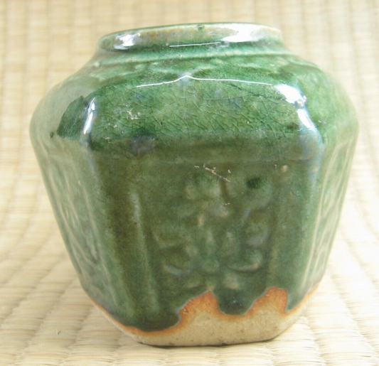 Chinese Hexagonal Jar W/ Flowers Green Crackel Glaze Over White Ceramic 4"