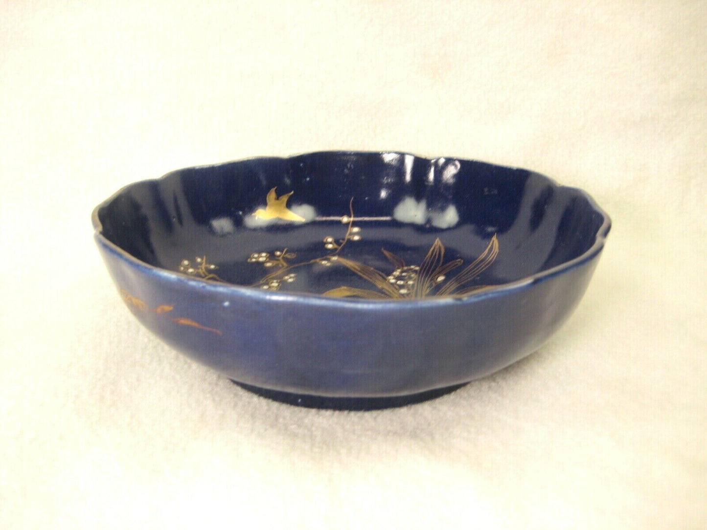 Vintage Japanese Signed Ceramic Handmade Scalloped Dish Bowl Plum Blossom