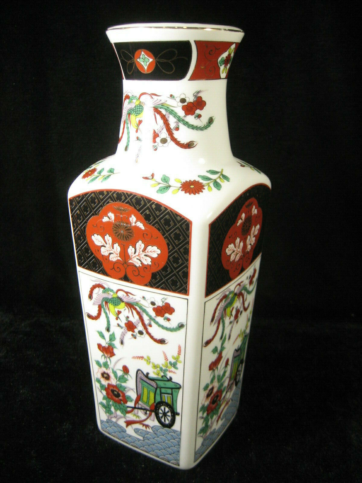 Vintage Japanese Decorative Porcelain Flower Vase W/ Pheonix & Rickshaw